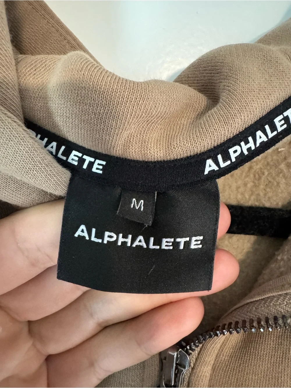 Alphalete Men's Tan Full-Zip Hooded Jacket with Black Accent Stripes